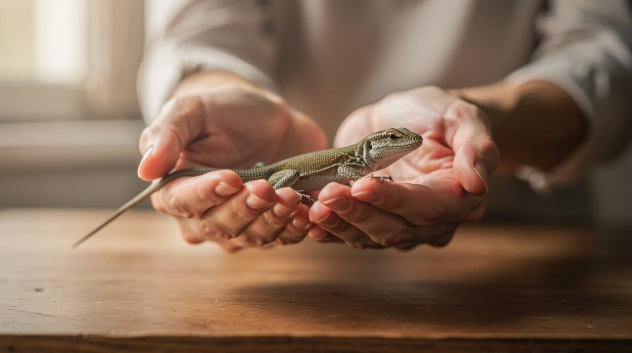 Gentle two-handed support of a calm lizard close to a table surface