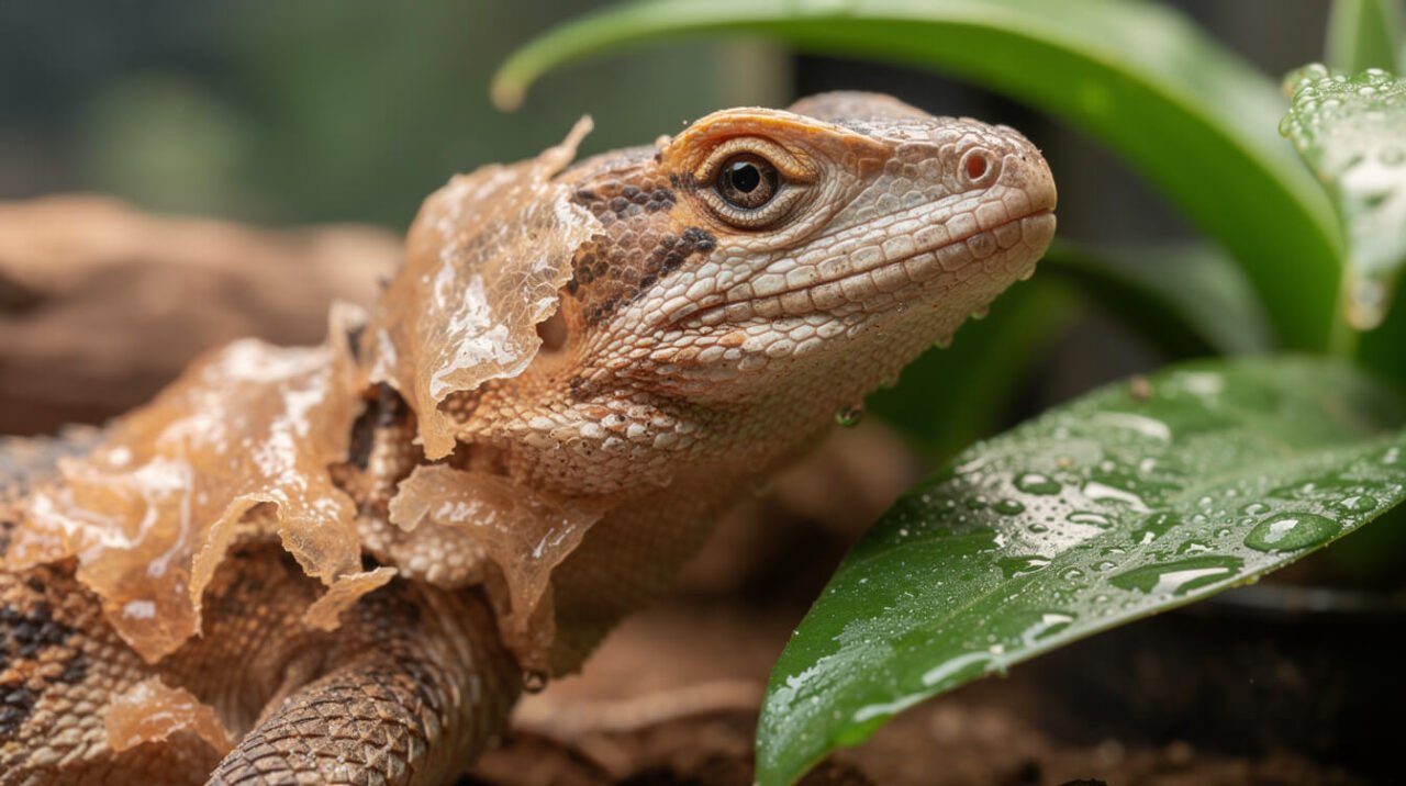 Reptile shedding near a humid hide with water droplets on nearby plant leaves