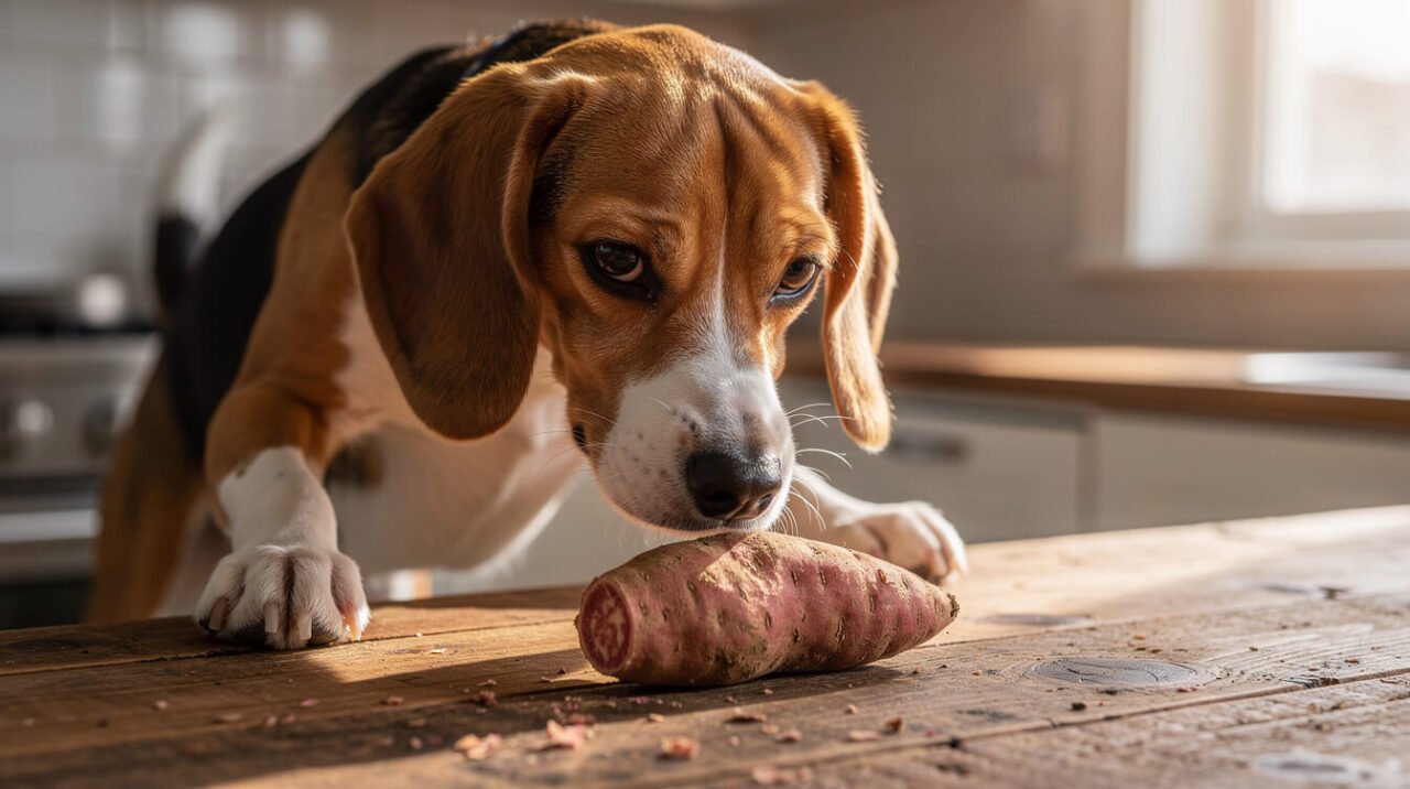 curious dog sniffing a raw sweet potato on a kitchen counter