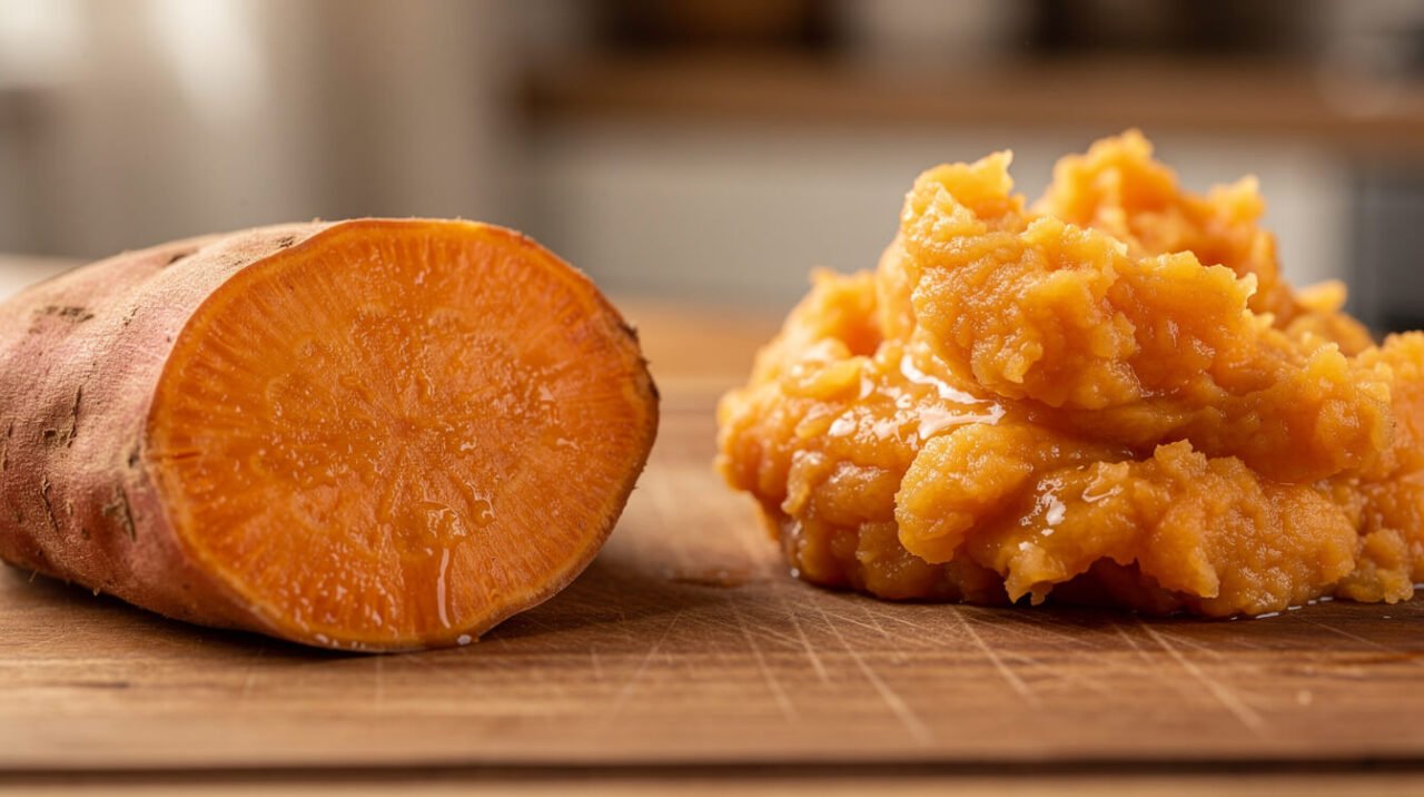raw sweet potato slice next to cooked mashed sweet potato