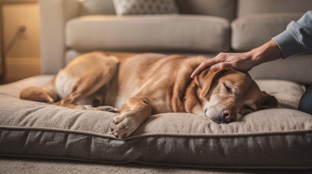 owner gently checking on a calm resting dog at home