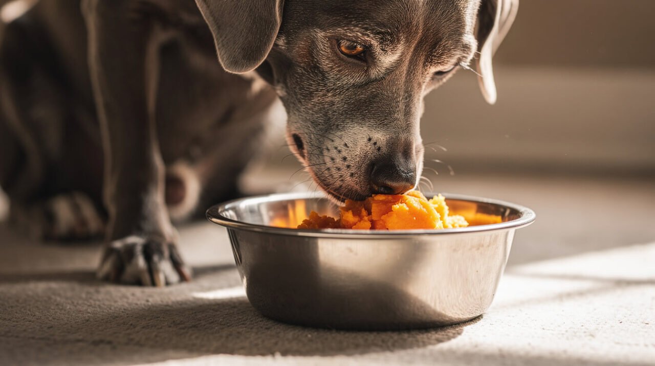 senior dog eating a small controlled portion of sweet potato