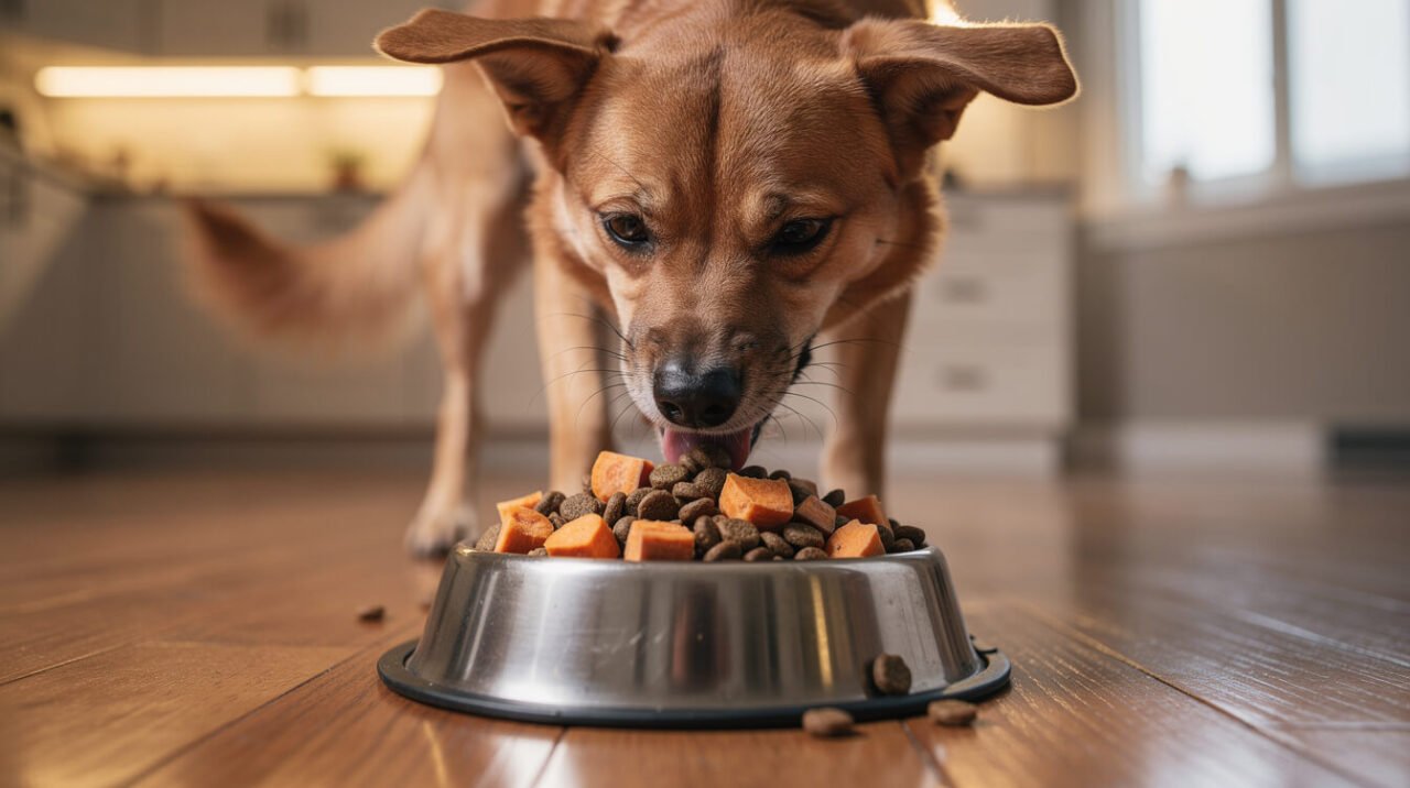 happy dog eating sweet potato mixed into a bowl of food