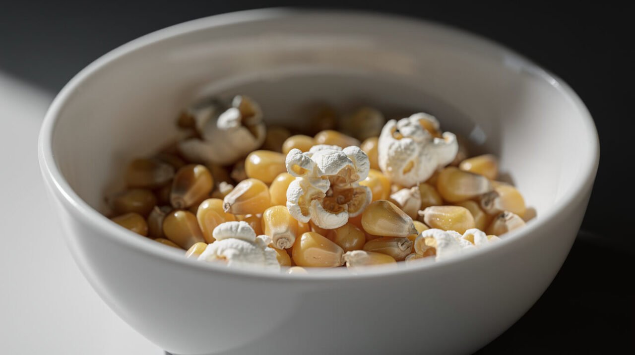Close-up of hard unpopped popcorn kernels at the bottom of an empty bowl