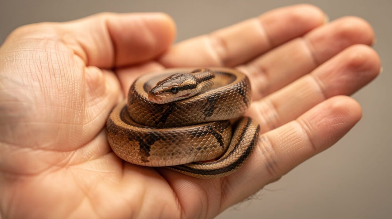 Hatchling ball python resting in an open palm