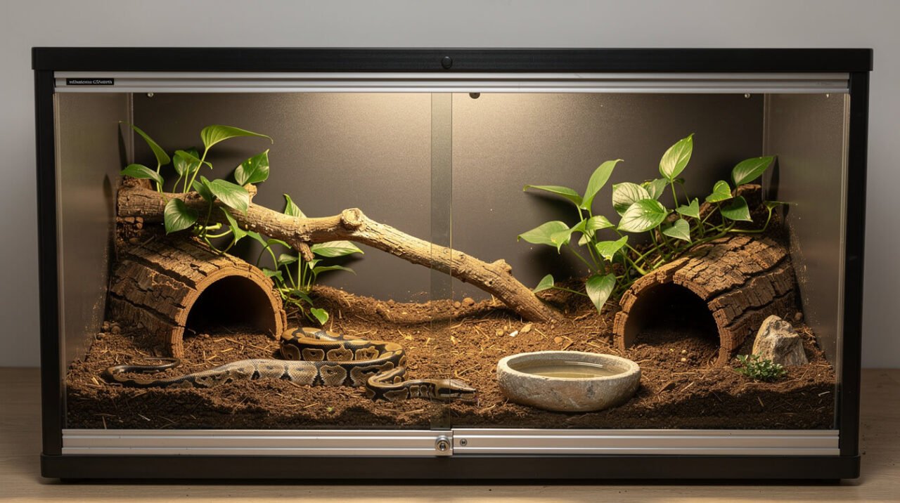 Spacious front-opening naturalistic enclosure for an adult ball python