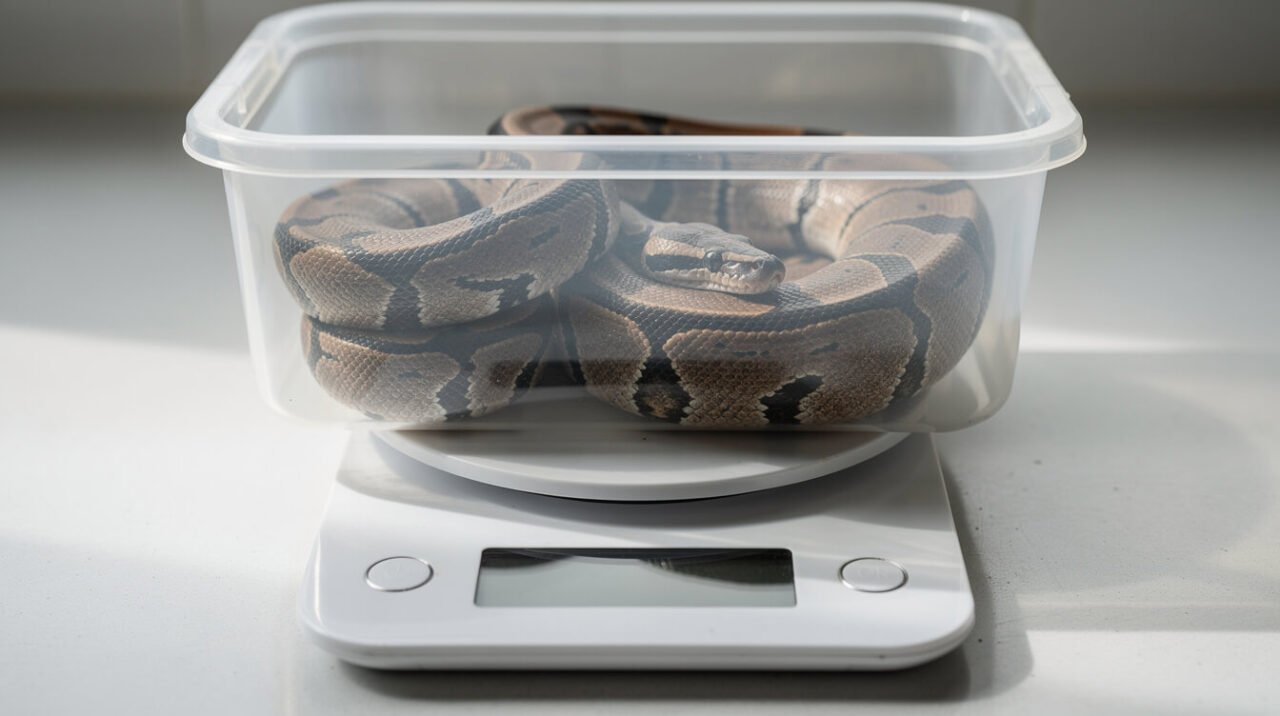 Adult ball python being weighed in a clear tub on a kitchen scale