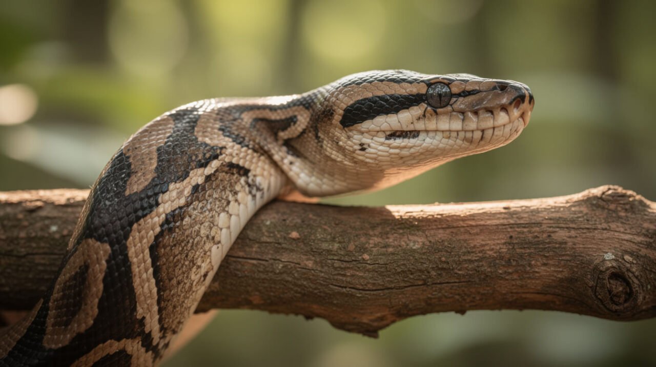 Well-conditioned adult ball python resting on a branch