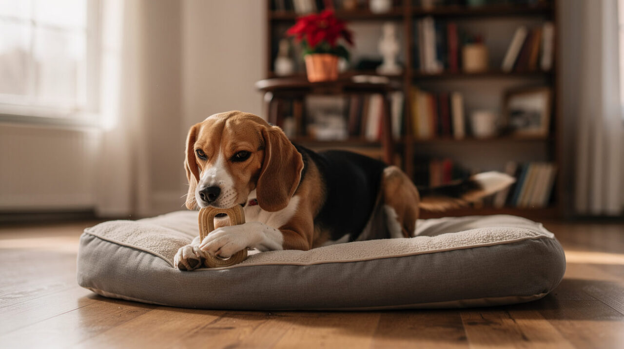 A beagle chewing a rubber toy on its bed while a red poinsettia sits on a high bookshelf