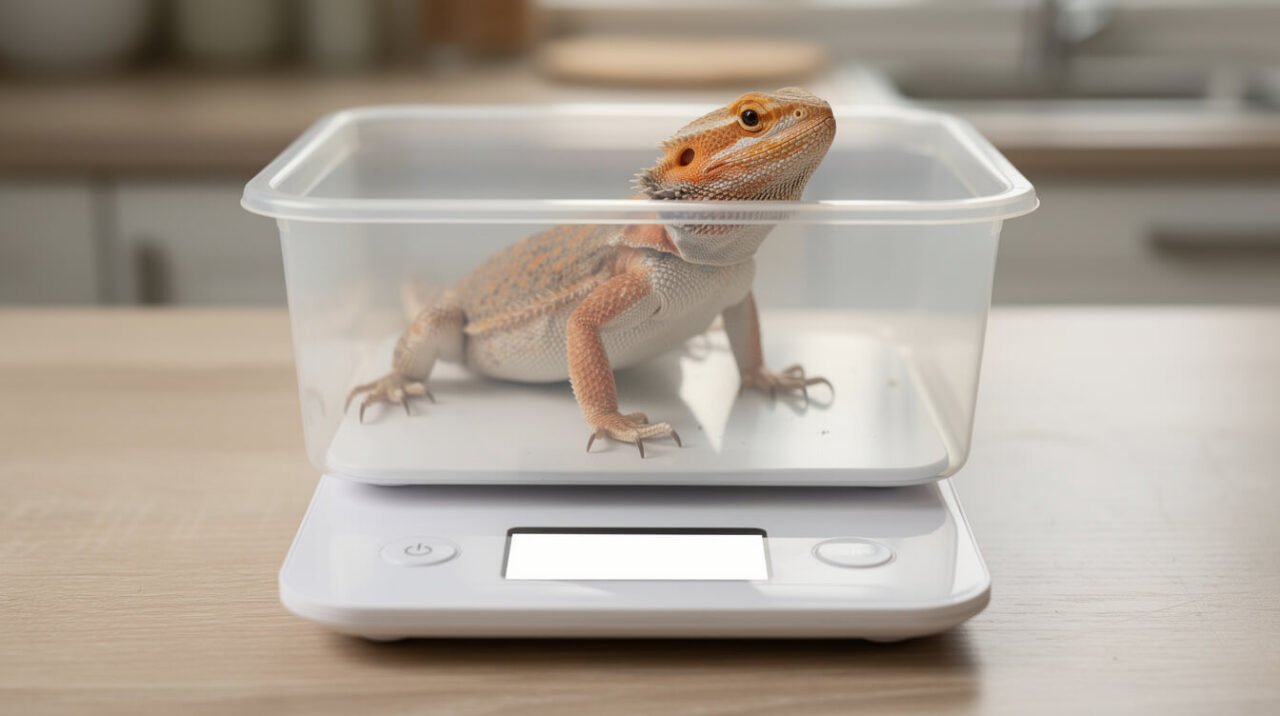 Bearded dragon in a plastic tub on a digital kitchen scale for a baseline weight in grams