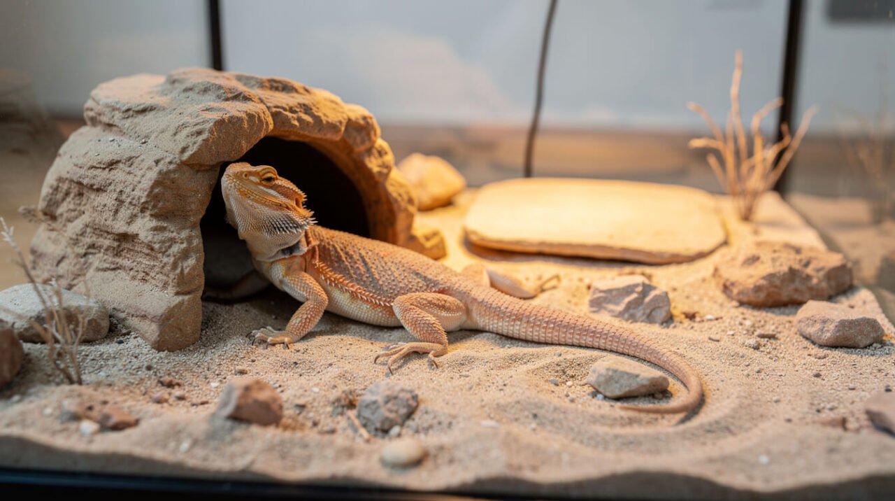 Bearded dragon resting in a hide on the cool side of its enclosure with the basking area still warm