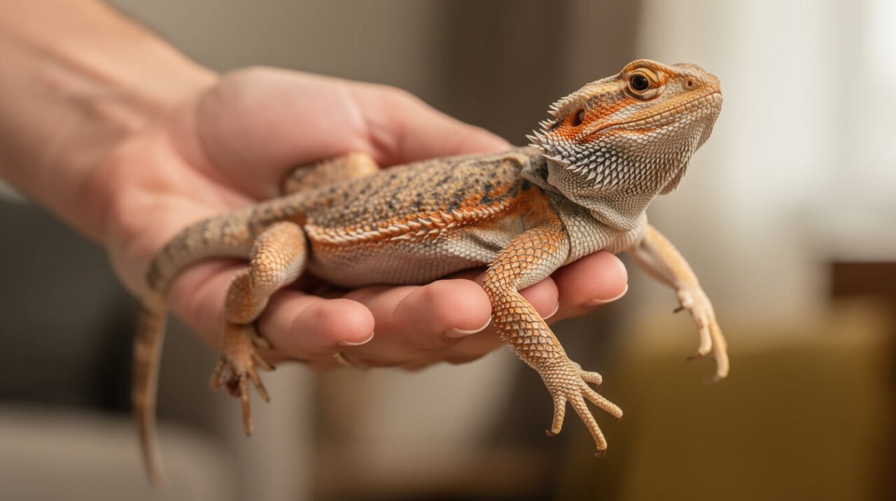 Keeper gently supporting a calm adult bearded dragon in their hands