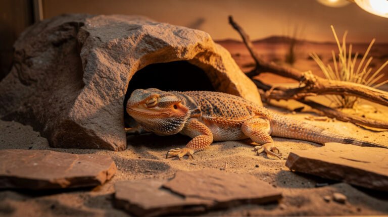 Adult bearded dragon asleep in a rock cave hide during brumation