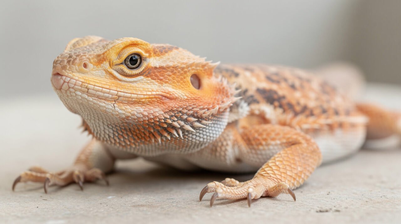 Healthy adult bearded dragon with a rounded tail base and clear eye, the body condition that fits brumation