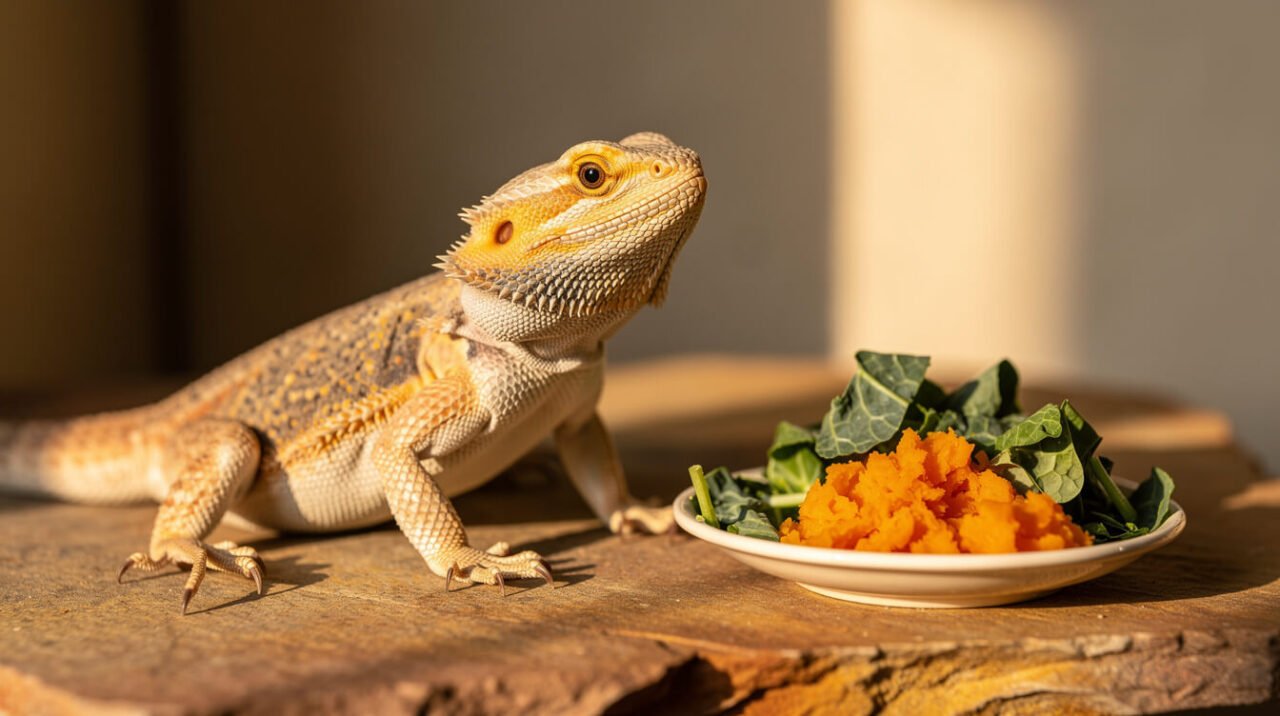 Alert bearded dragon after brumation with a small dish of collard greens and squash