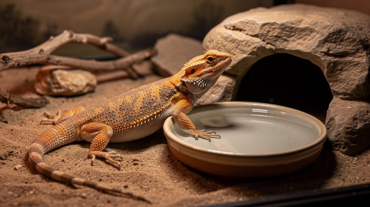Brumating bearded dragon beside a shallow water dish near its hide