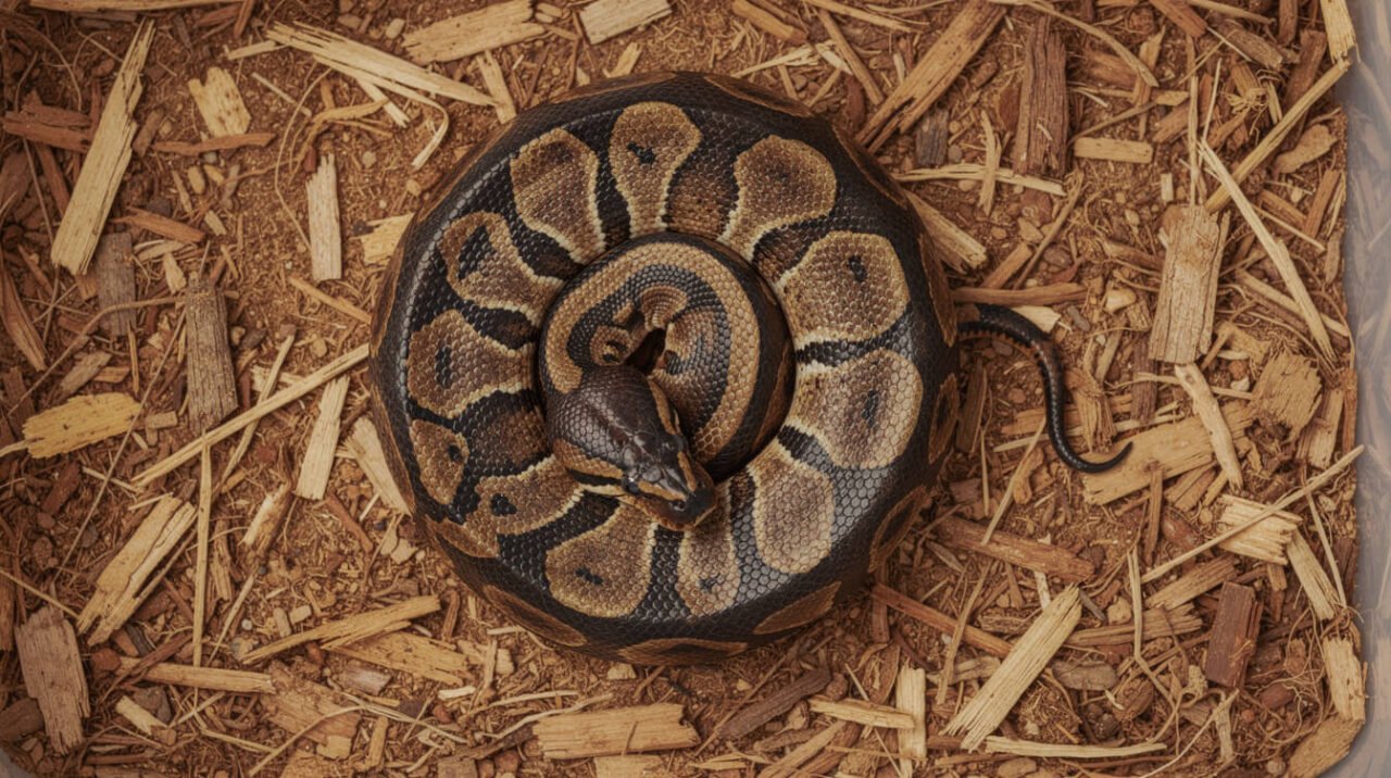 Ball python curled into its namesake tight ball on cypress mulch substrate