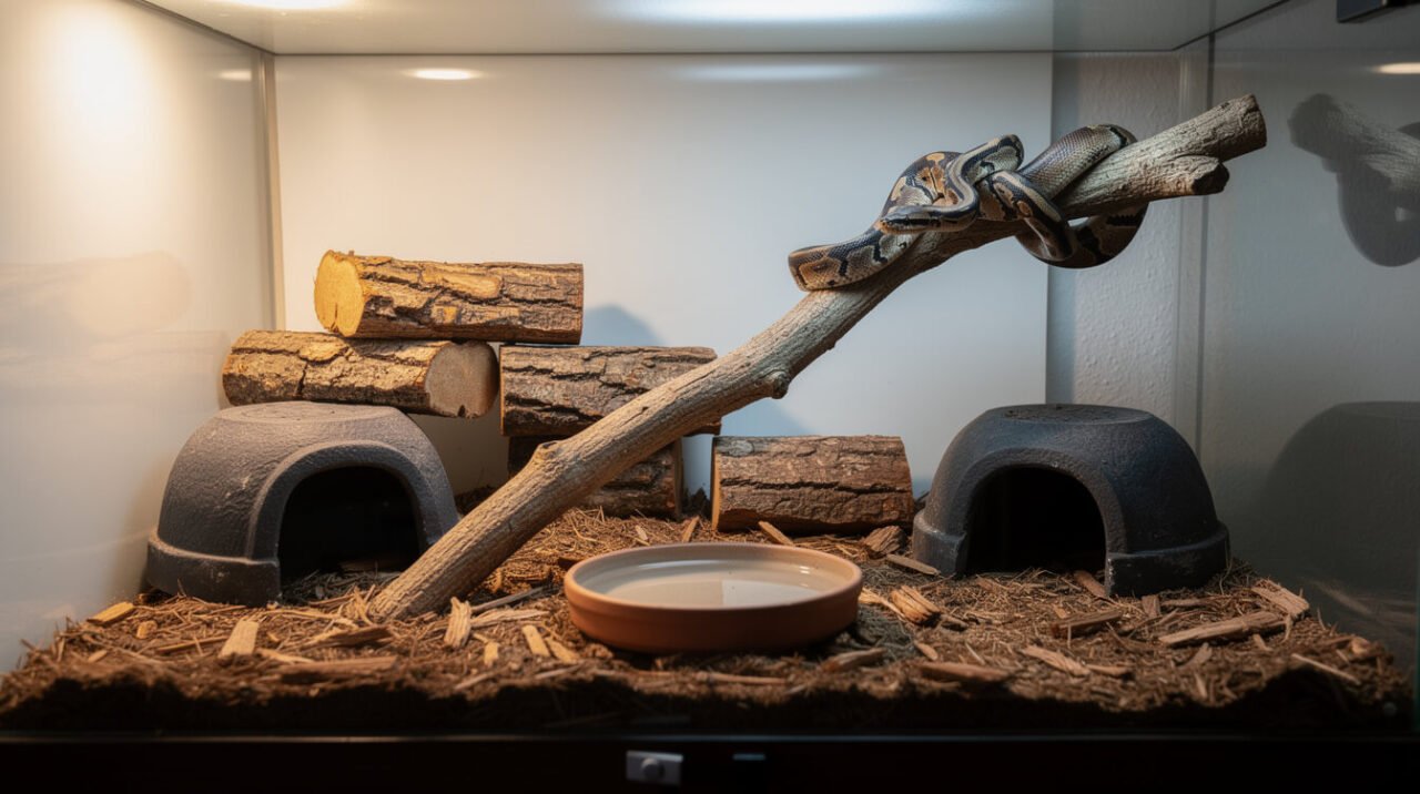 Correctly set up ball python enclosure with two hides, water bowl, and a warm and cool side