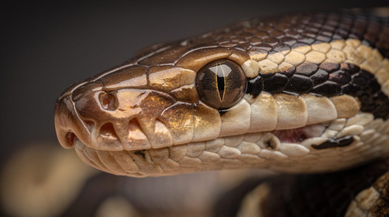 Close-up of a healthy adult ball python's head and eye, showing clear eyes and intact scales