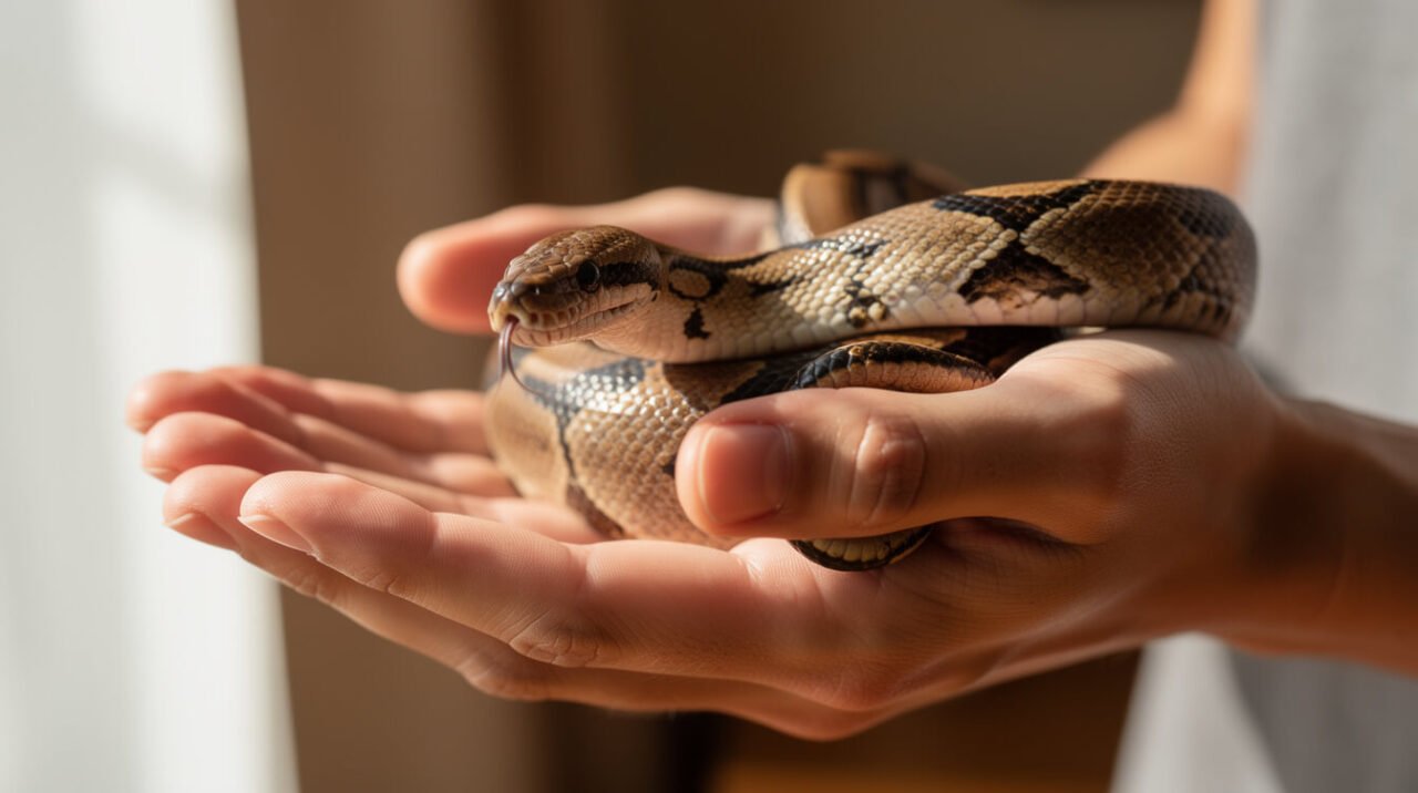 A calm ball python resting across a keeper's open hands during a routine health check