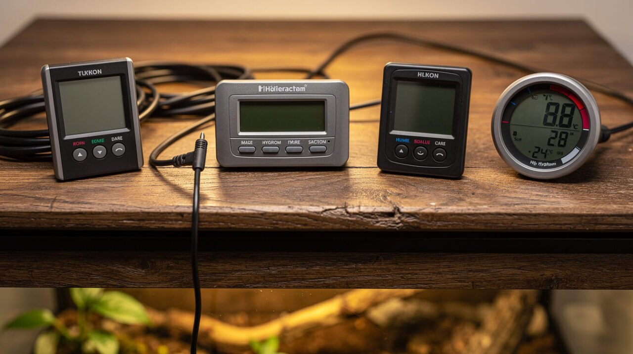 Digital thermostat, thermometers, and hygrometer set up on a ball python vivarium