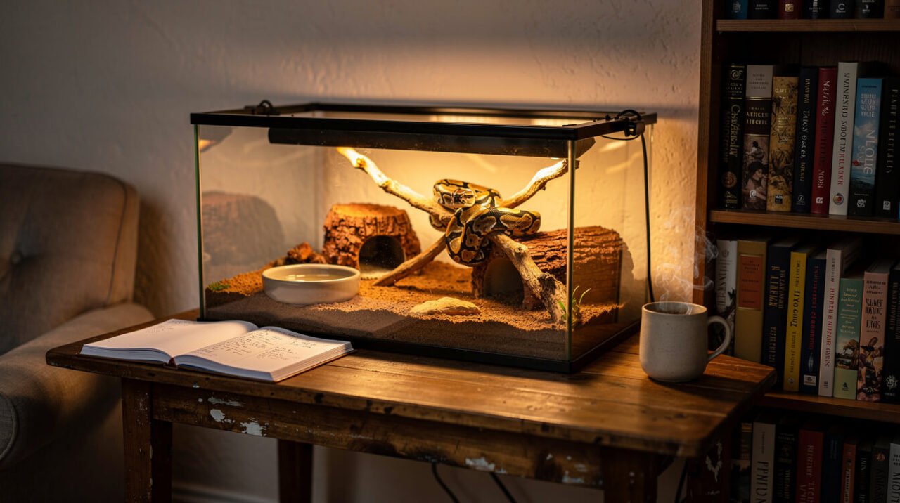 A well-kept ball python enclosure in a lived-in home corner, set up for years of careful routine