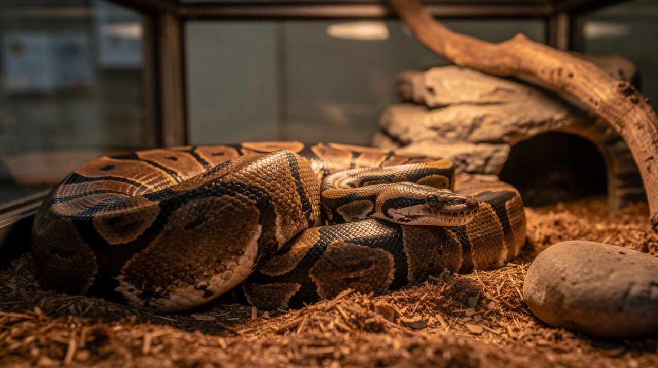 A large, heavy-bodied mature ball python resting calmly in a dim zoo herpetarium enclosure