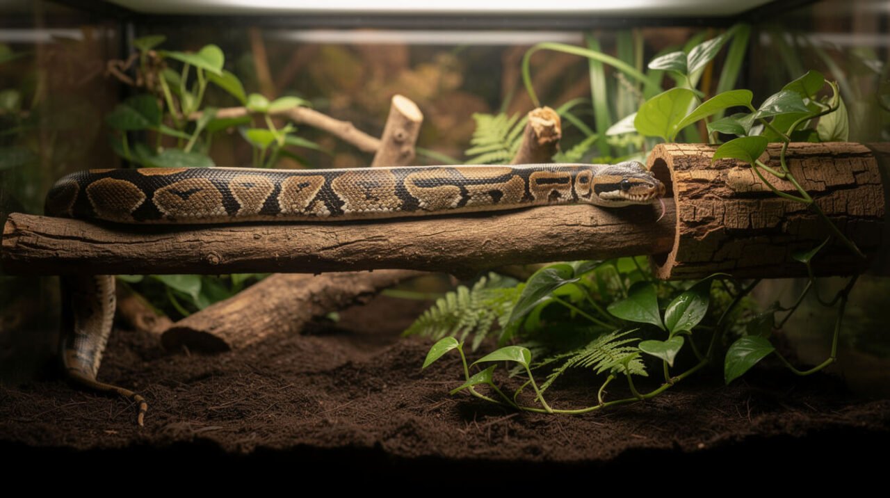 ball python stretched out climbing a branch in a spacious planted enclosure