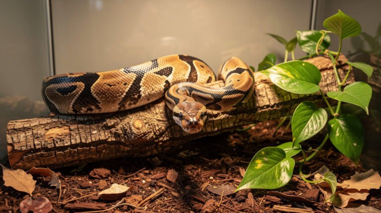 ball python as a pet resting on a cork bark branch in a planted enclosure