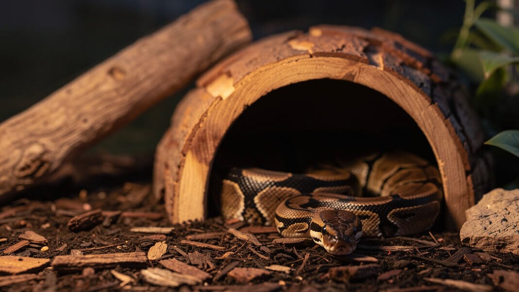 ball python peeking out of its hide at dusk