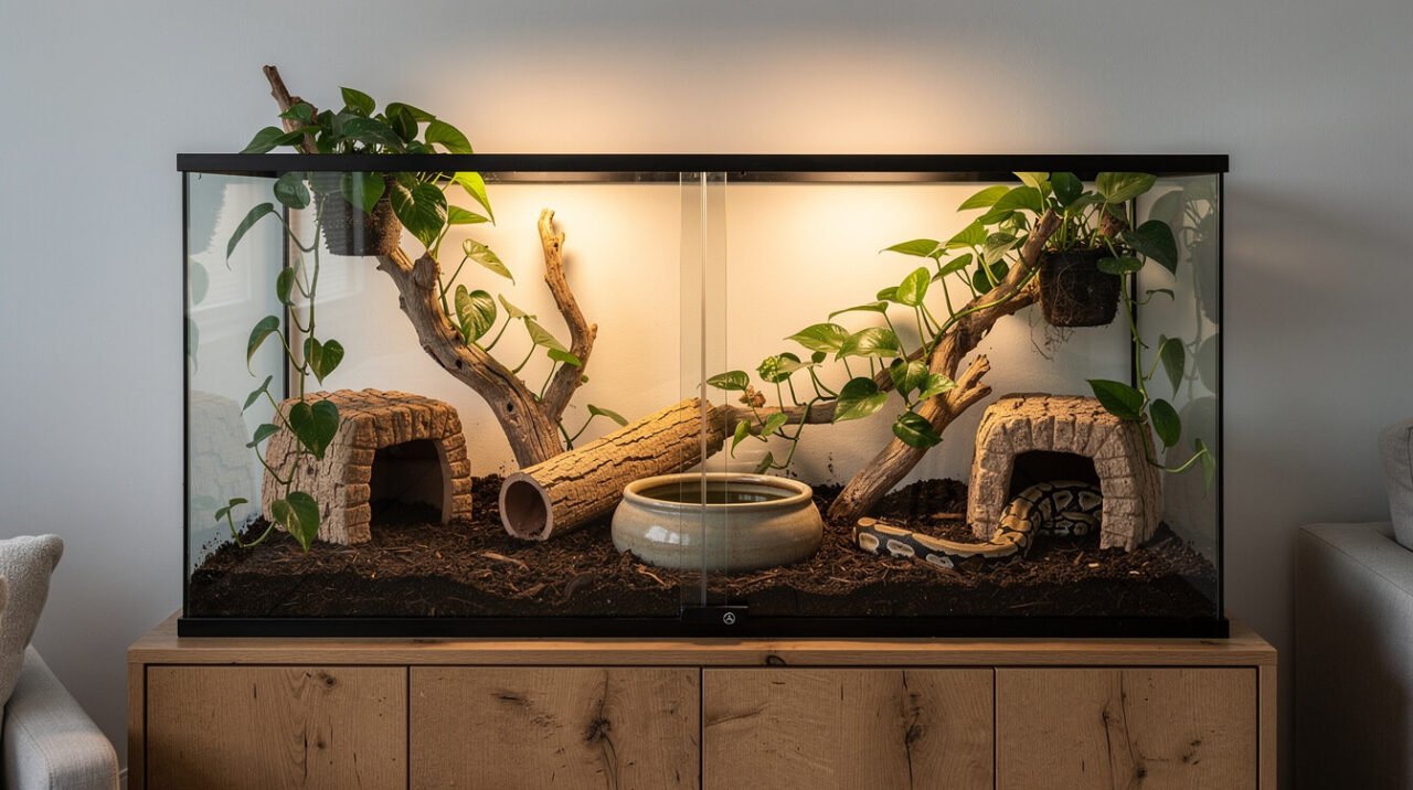 large front-opening ball python enclosure with cypress mulch, hides, and water bowl
