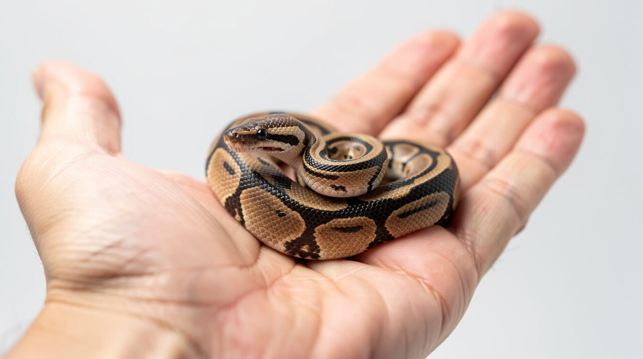 healthy captive-bred hatchling ball python resting on an open palm