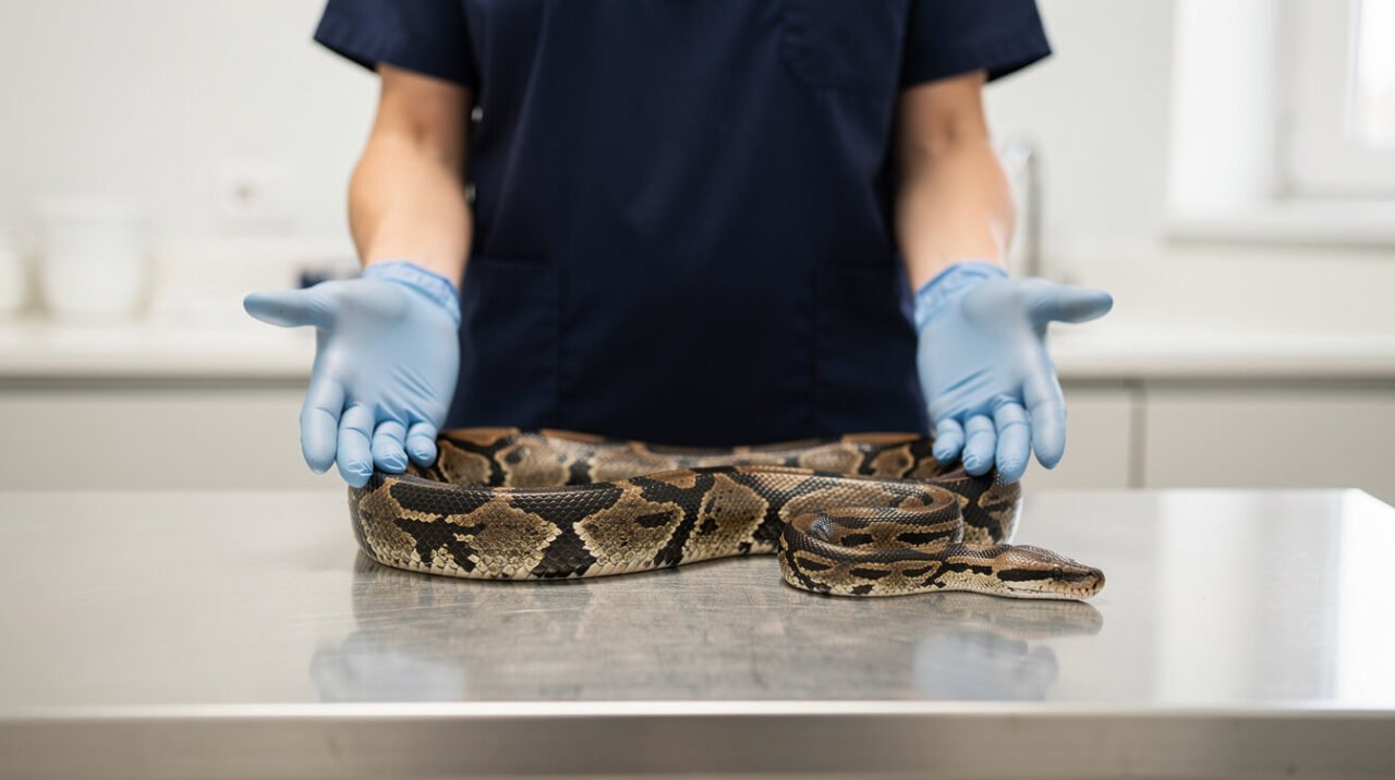 reptile veterinarian gently examining a calm ball python