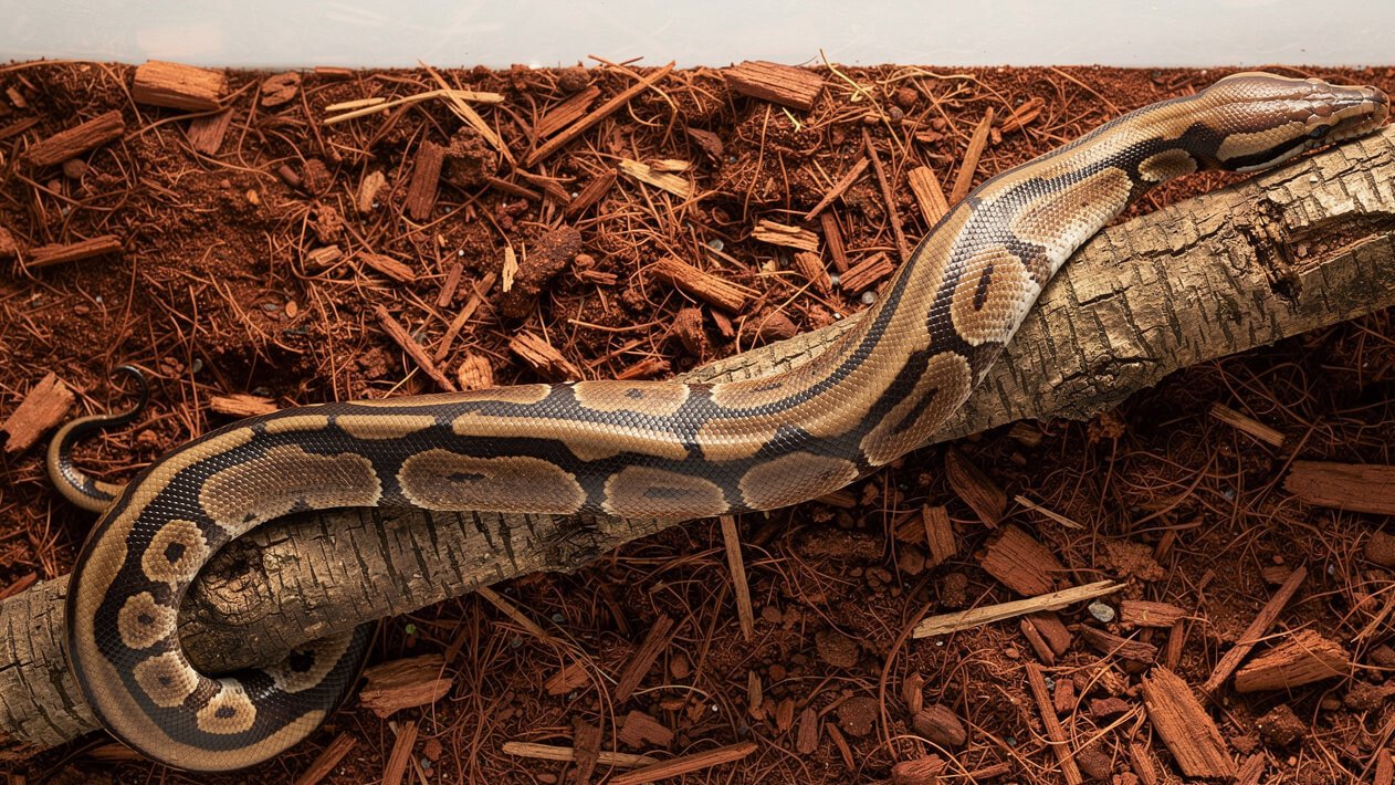 Healthy ball python stretched along a cork branch showing rounded body condition