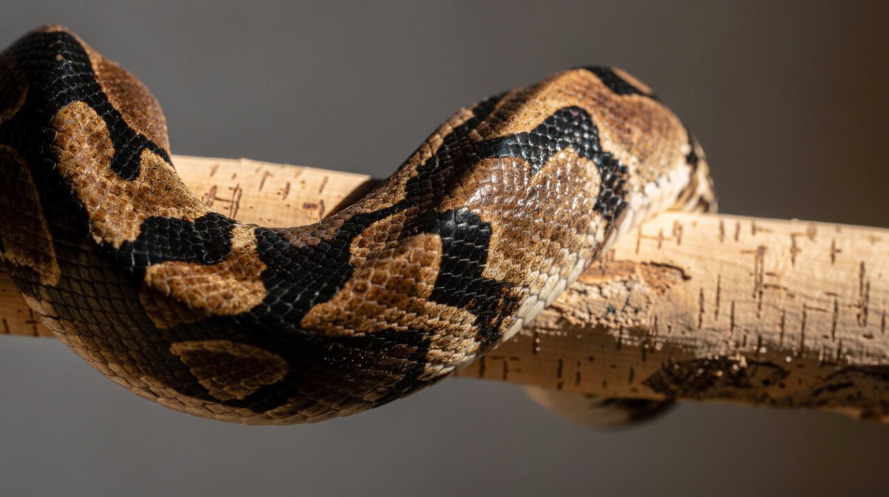 Close-up of the thick midsection of an adult ball python on a cork branch