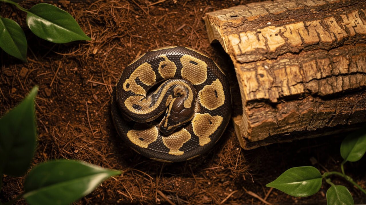 Juvenile ball python exploring a cork bark hide