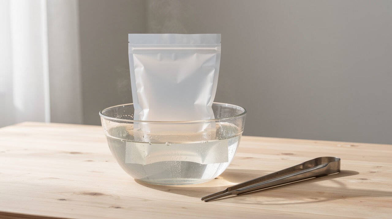 Frozen feeder mouse thawing in a sealed bag in a bowl of warm water with feeding tongs