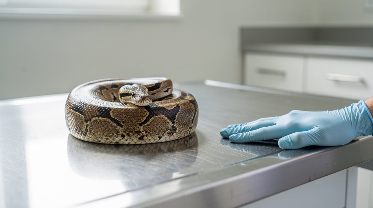 Reptile veterinarian gently supporting a ball python on an exam table