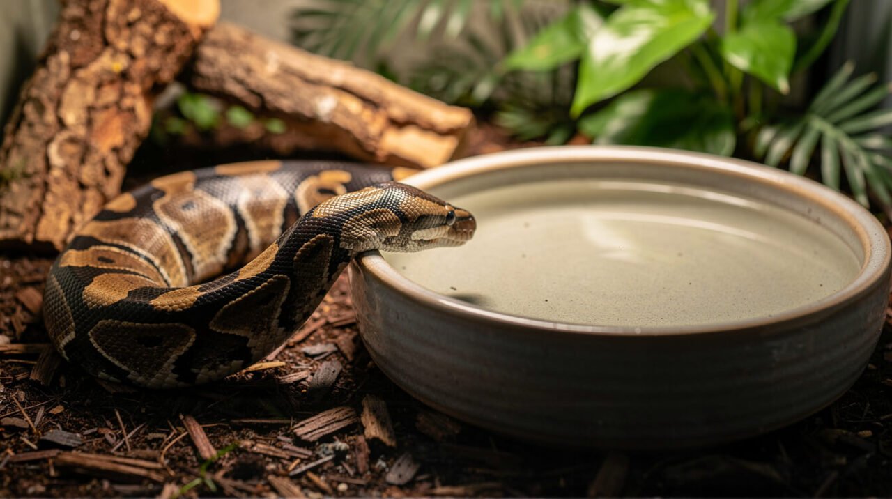 Ball python resting beside a large ceramic water bowl in a naturalistic enclosure