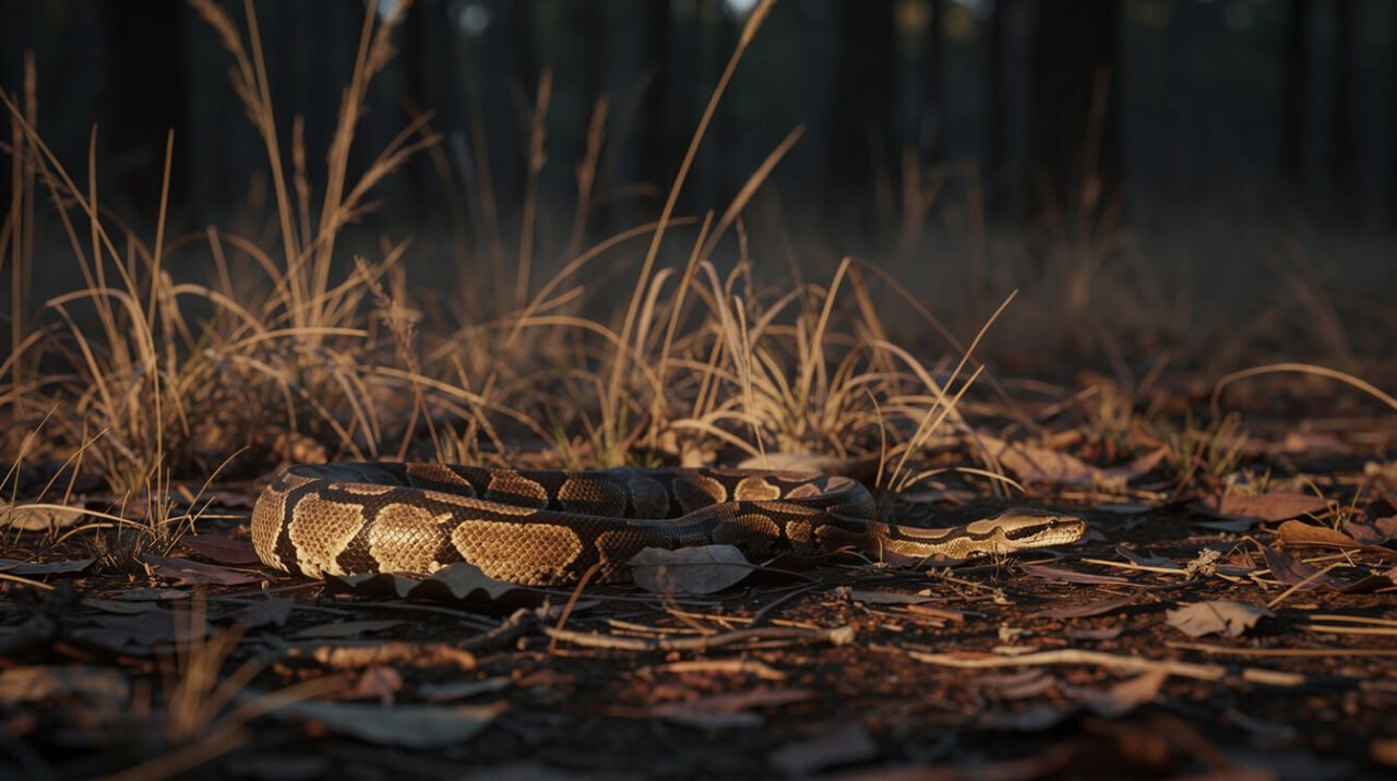 Ball python moving through leaf litter at dusk in West African woodland