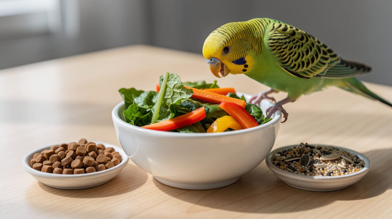 Green budgie inspecting fresh vegetables beside pellets and seed