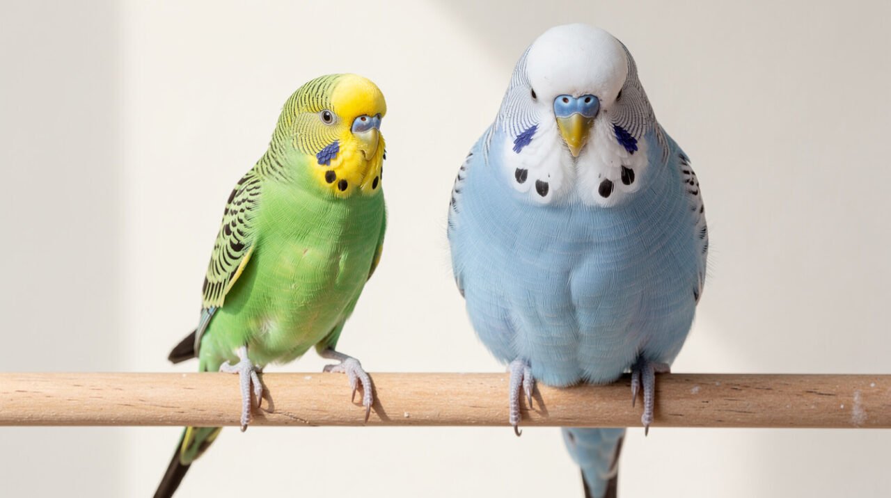A smaller American budgie beside a larger English show budgie
