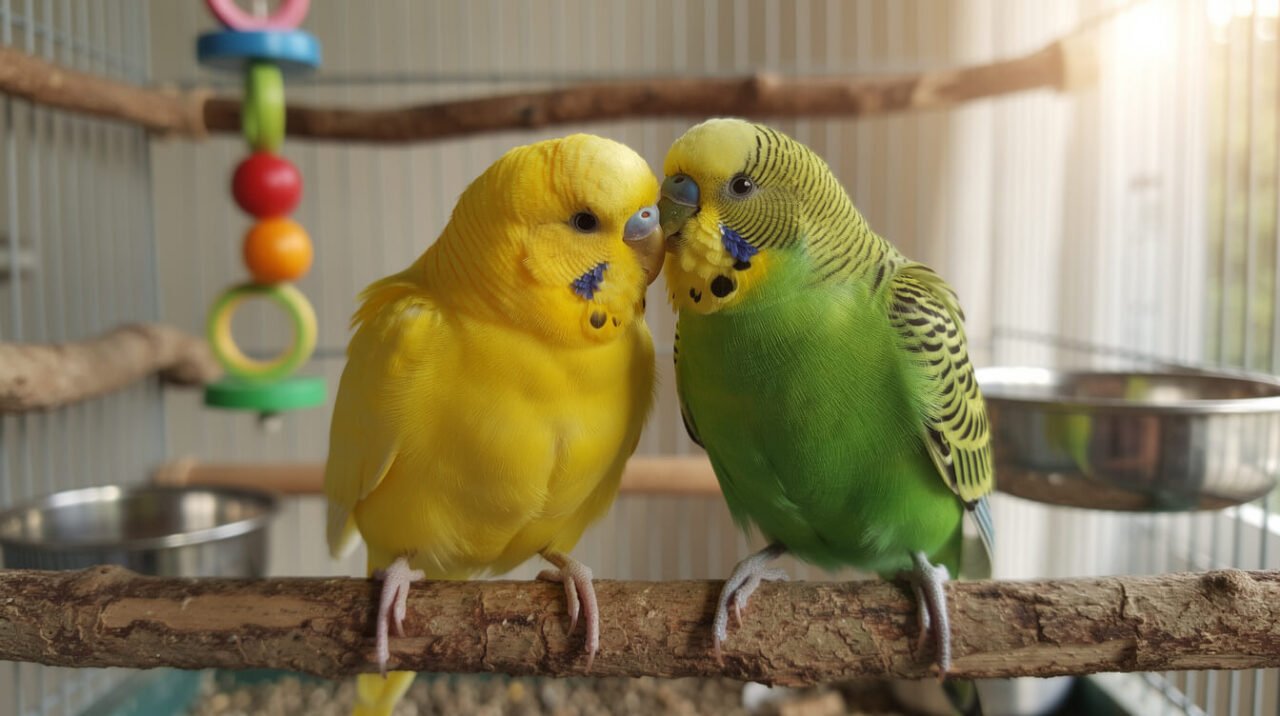 Two budgies preening each other on a natural perch