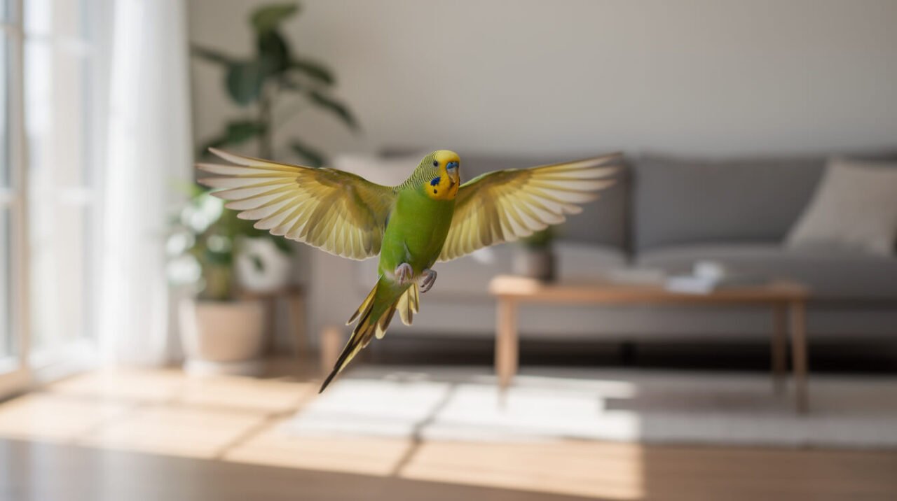 Pet budgie flying in a bright, bird-safe living room