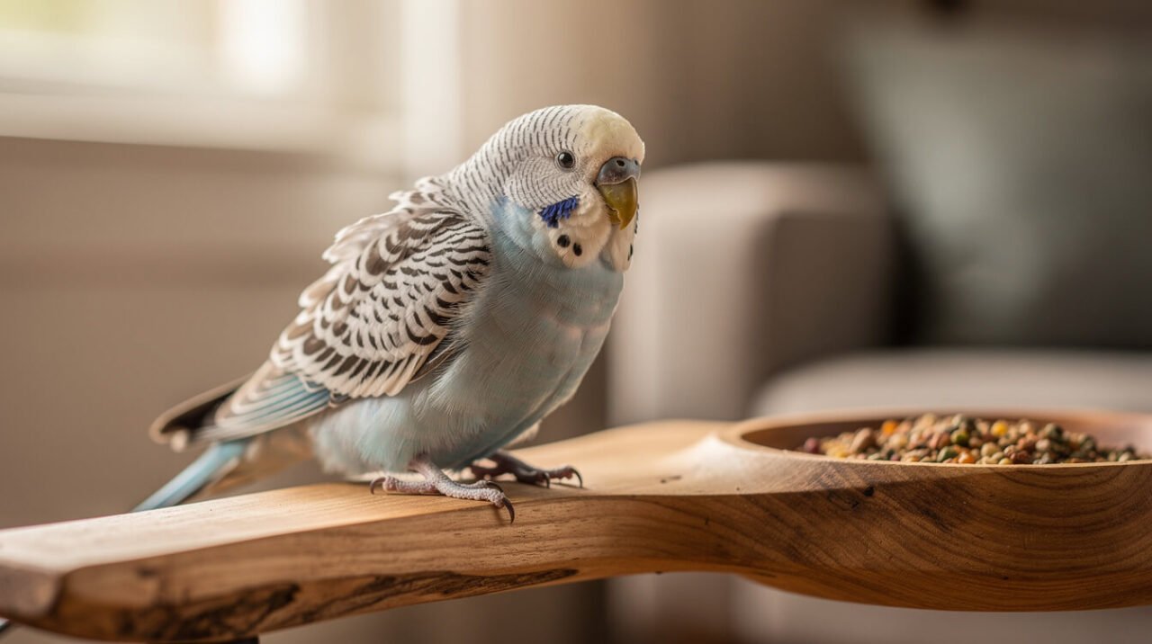 Older budgie resting on a wide, flat perch