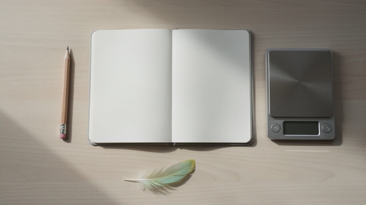 Notebook, gram scale, and a budgie feather on a desk