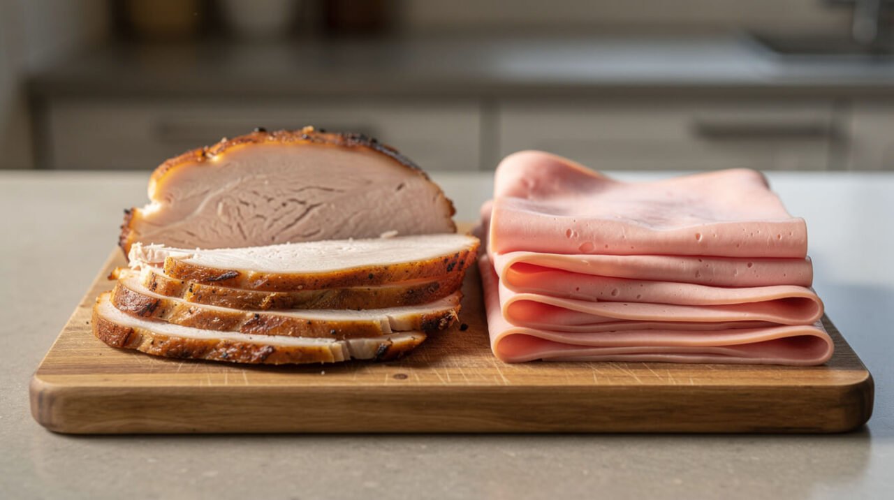 Home-roasted turkey breast slices next to a stack of processed deli turkey slices on a cutting board