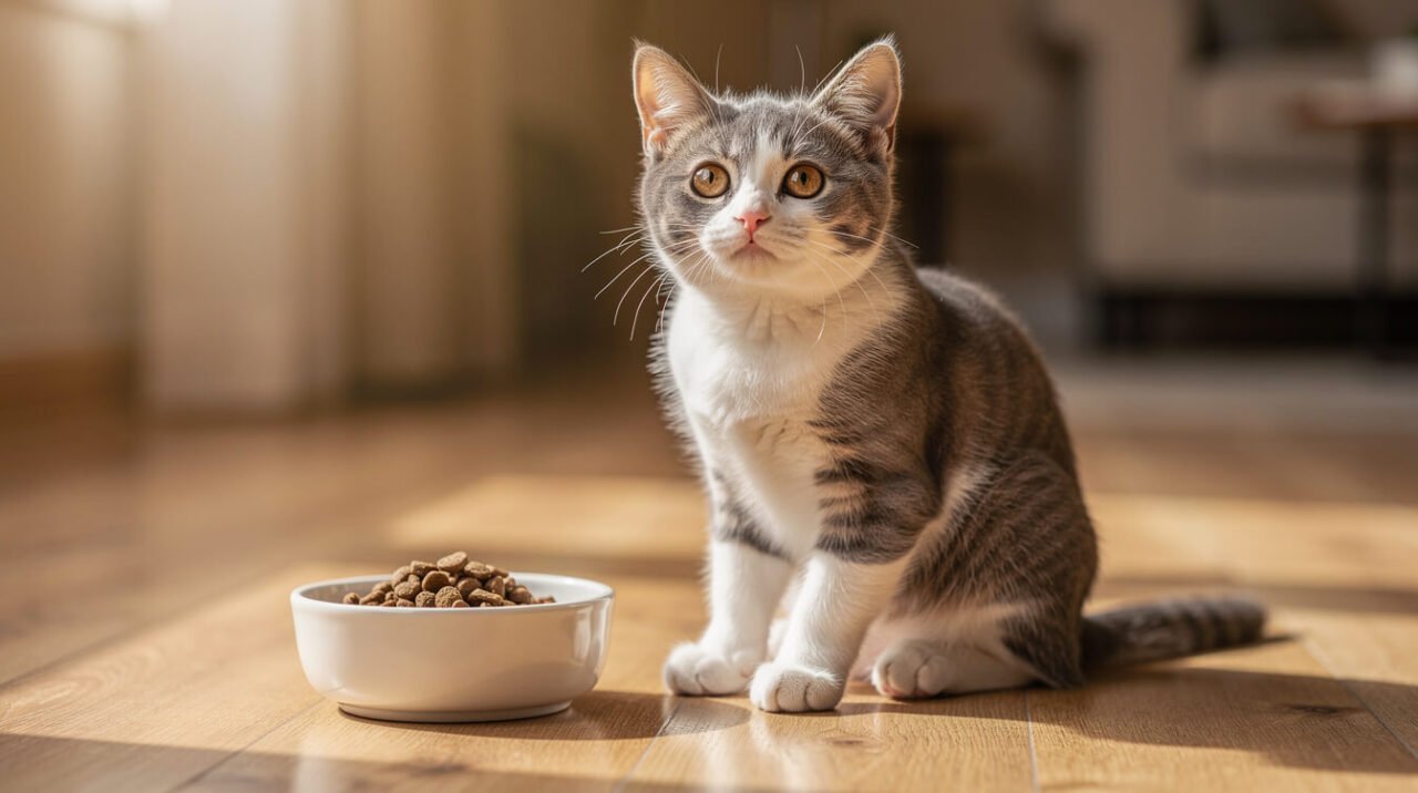 A young grey-and-white kitten sitting beside its own bowl of kitten food