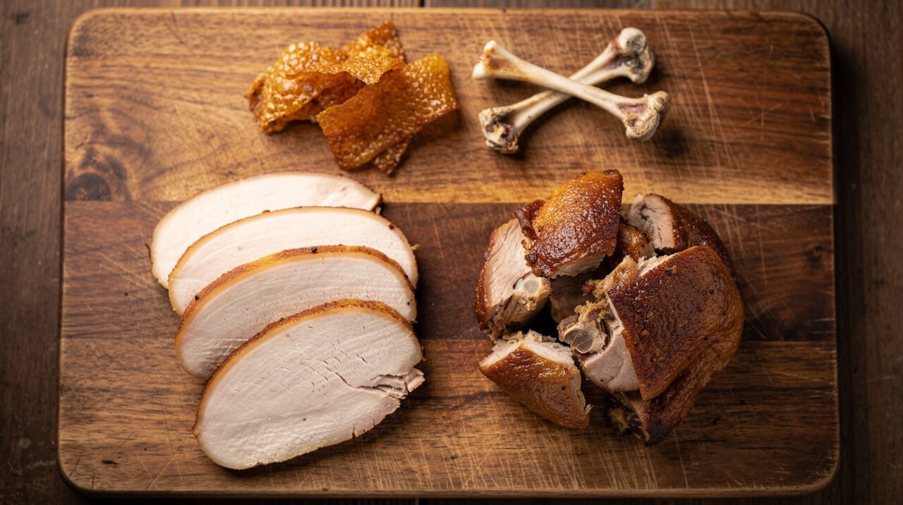 Roast turkey separated on a cutting board into plain white breast meat, darker thigh meat, crispy skin, and cooked bones