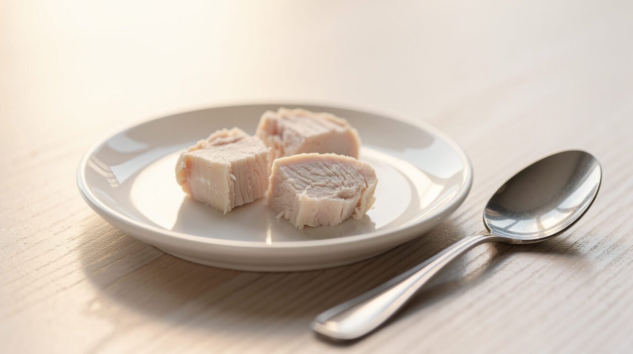 A few thumb-tip-sized pieces of plain roast turkey breast on a small saucer next to an empty teaspoon